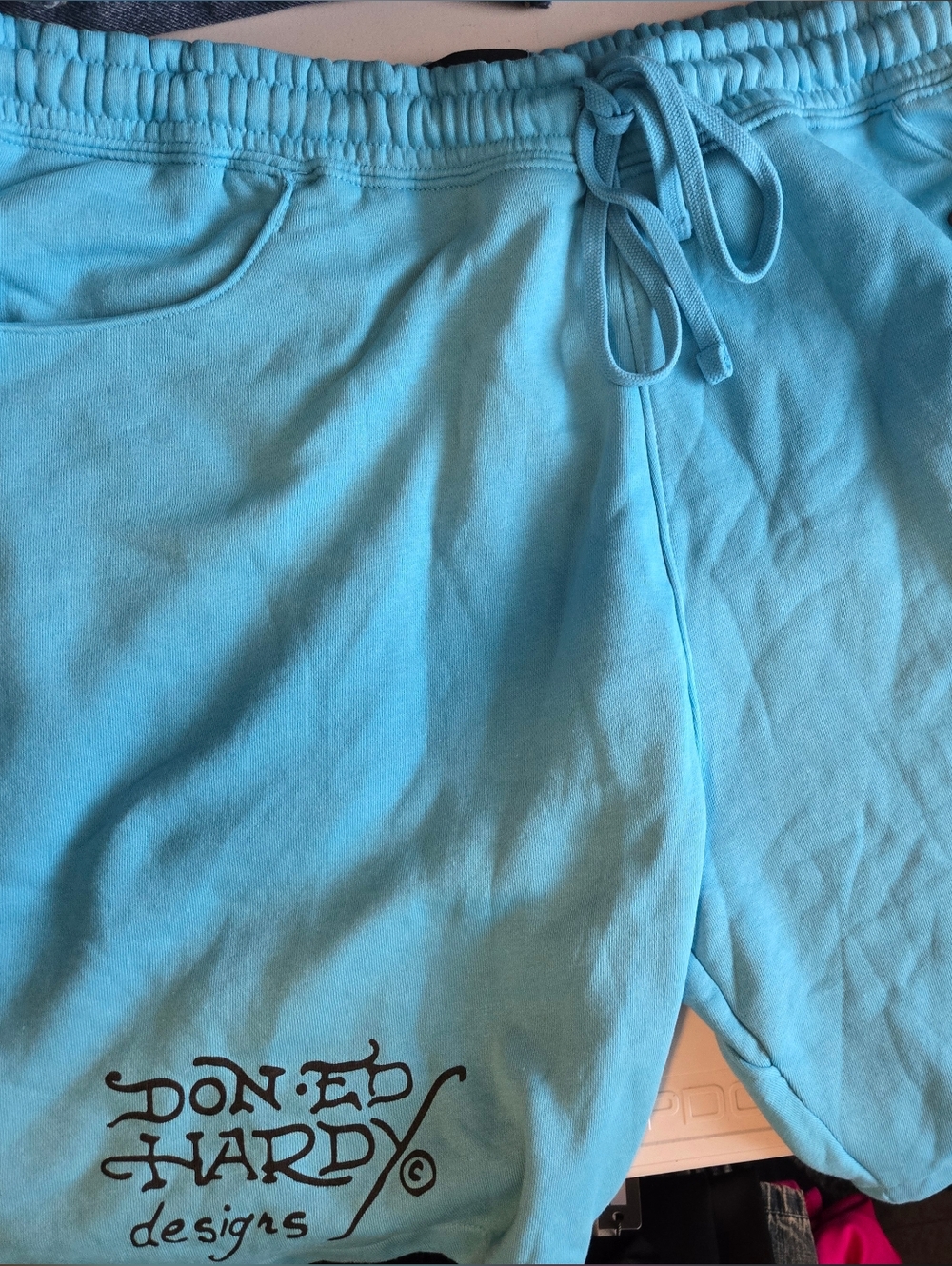 Ed Hardy Men's Light Blue Drawstring Shorts with Logo